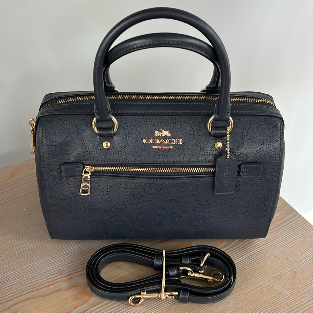 Coach Rowan Perforated Leather Satchel Navy Blue